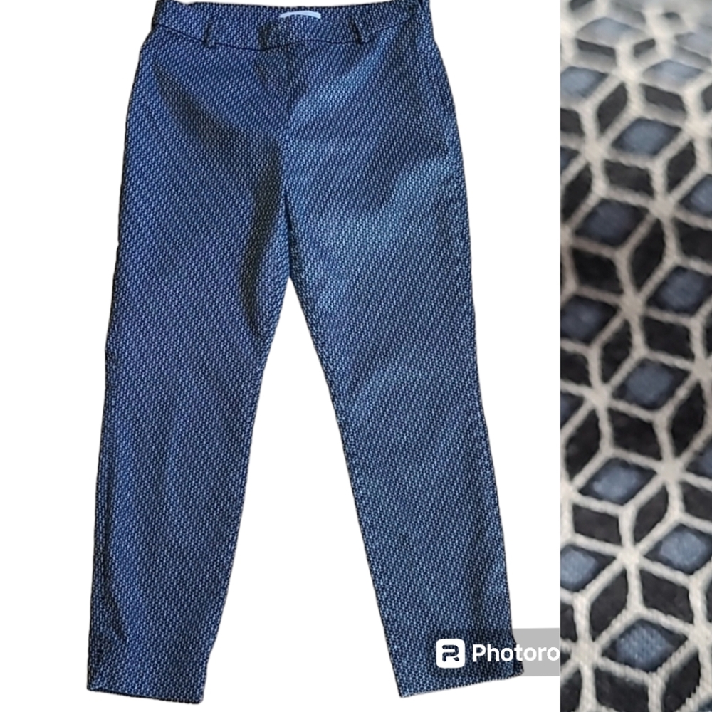 H&M Navy Stretch Pants, Belt Loops, Side Zip, Geometric Pattern